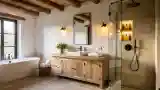 Rustic Luxury Bathroom with Stone and Wood