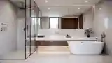 Minimalist Luxury Bath with Terrazzo and Wood