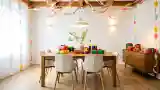 Scandinavian Dining Room with Wood