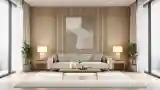 Minimalistowy salon z drewnem i szarą sofą
