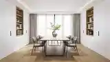 Minimalist Dining Room with Warm Wood and White Cabinetry
