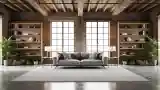 Spacious Loft Living Room with Brick and Wood