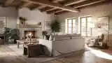 Living Room with Stone Fireplace and Wood Beams