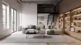 Salon z drewnem i betonem