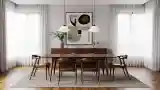 Wnętrze jadalnia z drewnem i szarą ceramiką