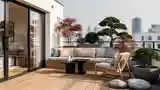 High-End Japandi Terrace with Wood and Stone Textures