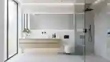 Minimalistowa łazienka z drewnem i betonem