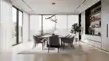 Modern Luxury Dining Room with Wood and Silver Lighting