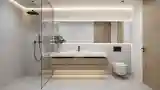 Minimalistna łazienka z drewnem i betonem