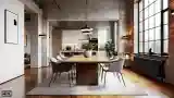 Modern Dining Room with Concrete and Brick