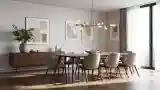 Wnętrze jadalnia z drewnem i szarą tkaniną
