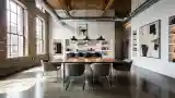 Modern dining room with brick walls