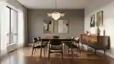 Wnętrze jadalnia z drewnem i szkłem
