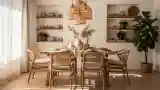 Boho Dining Room with Rattan Chairs and Wooden Table