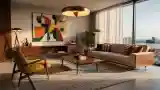 Mid-Century Modern Lounge with Warm Wood and Gold Light