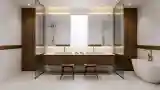 Spacious Bathroom with Wood and Glass
