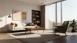 Nowoczesny salon z drewnem i srebrnymi akcentami