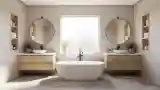 Minimalist bathroom with oak and marble