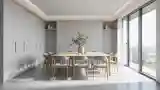 Wnętrze jadalnia z drewnem i betonem