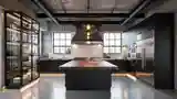 Industrial Kitchen with Dark Wood Island