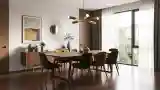 Jadalnia z drewnem i jedwabnymi fotelami