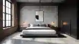 Sufit betonowy, komfortowa sypialnia