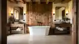 Rustic Bath with White Freestanding Tub