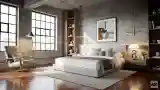 Sufit betonowy, łóżko skórzane