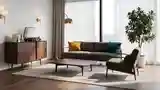 Mid-Century Modern Living Room with Warm Wood and Gold Accents