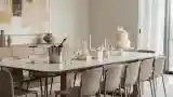 Minimalist Dining Room with Wood and Silver Accents