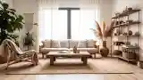 Jasny salon z drewnem i wełną