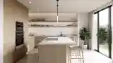Modern Kitchen with Wood and Light Stone