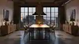 Industrial Dining Room with Brick and Wood