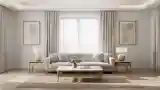 Minimalistowy salon z drewnem i kremowym welurem