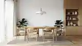 Elegant Dining Room with Warm Wood and Soft Light