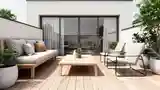 Japandi Terrace with Warm Wood and Soft Light