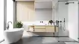 Skandynawski salon z drewnem i szkłem