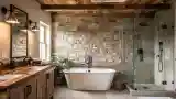 Rustic Spa Bath with Stone and Wood