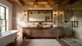 Rustic Bath with Stone Walls and Wood Vanity
