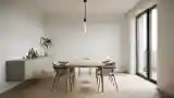 Minimalist Dining Room with Warm Wood and Concrete Accents