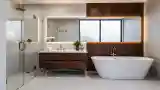 Minimalist Bathroom with Warm Wood Accents