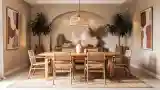Elegancka Sala Jedzeniowa z Drewnem i Włókniną
