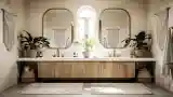 Spacious Bathroom with Wood and Gold Accents