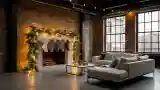 Industrial Living Room with Fireplace