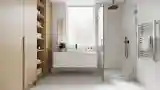 Nowoczesna łazienka z drewnem i szkłem