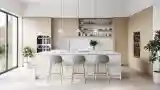 Modern Kitchen with Wood and White Stone