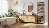 Boho łazienka z drewnem i roślinami