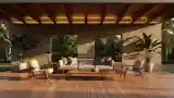Outdoor Lounge with Wood and Stone