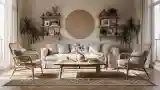 Elegancka sala z drewnem i jutą