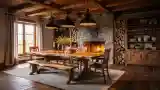 Elegant Dining Room with Wood and Stone Fireplace